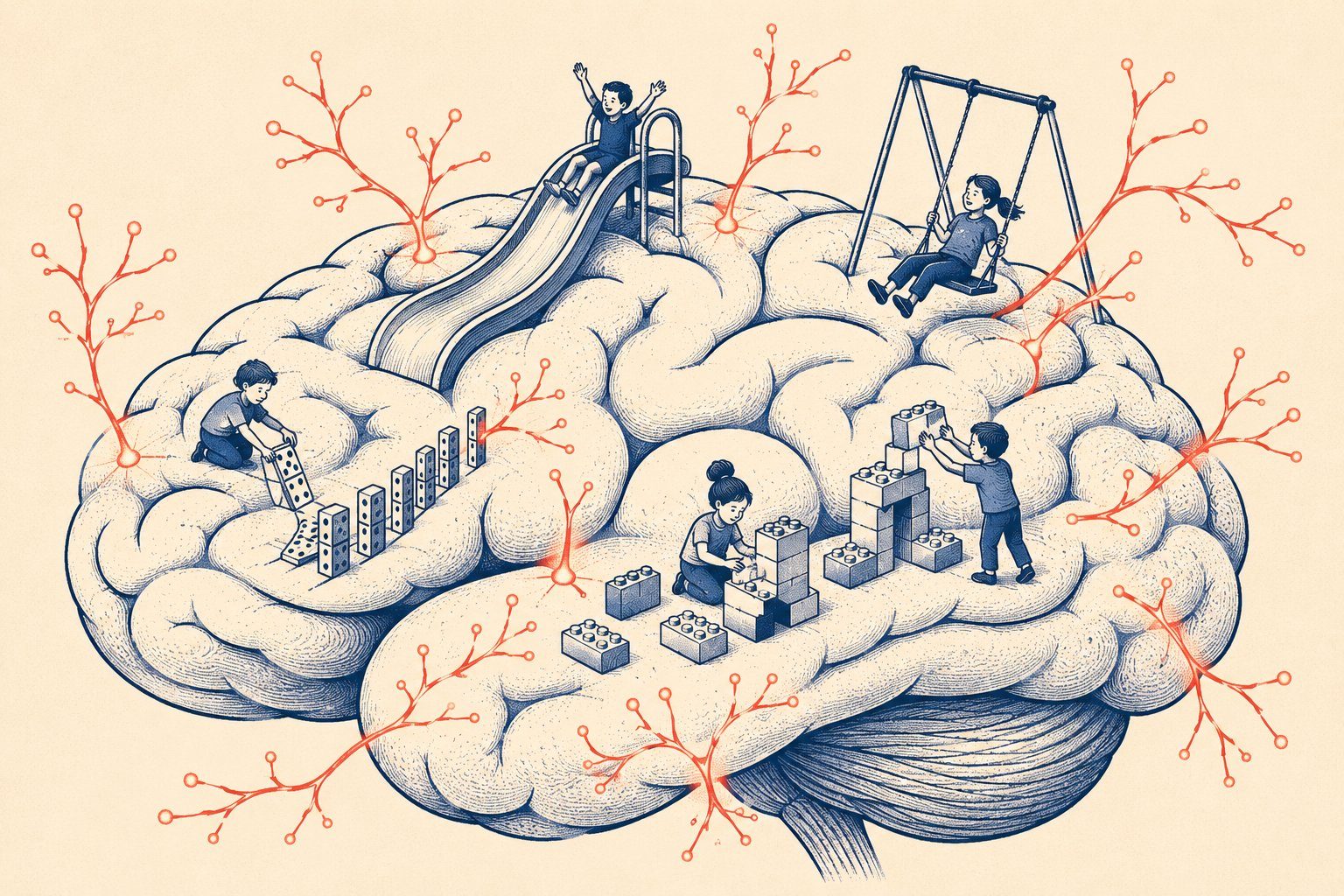 Cerebro cuyas circunvoluciones son juegos: tobogán, columpio y piezas de construcción