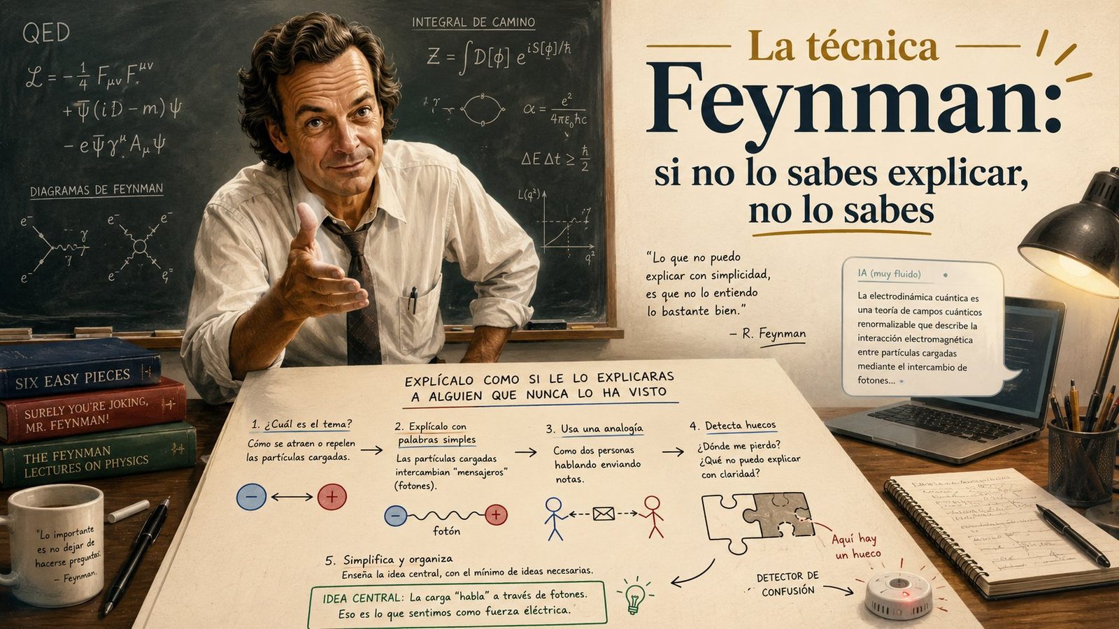 Ilustración de un aula: un físico ante una pizarra con ecuaciones de electrodinámica cuántica y, sobre la mesa, un esquema de los cinco pasos de la técnica Feynman