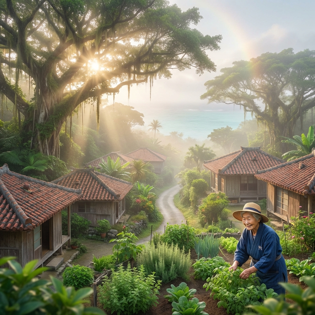 Paisaje místico de la aldea de Ogimi en Okinawa, Japón - el pueblo de la longevidad