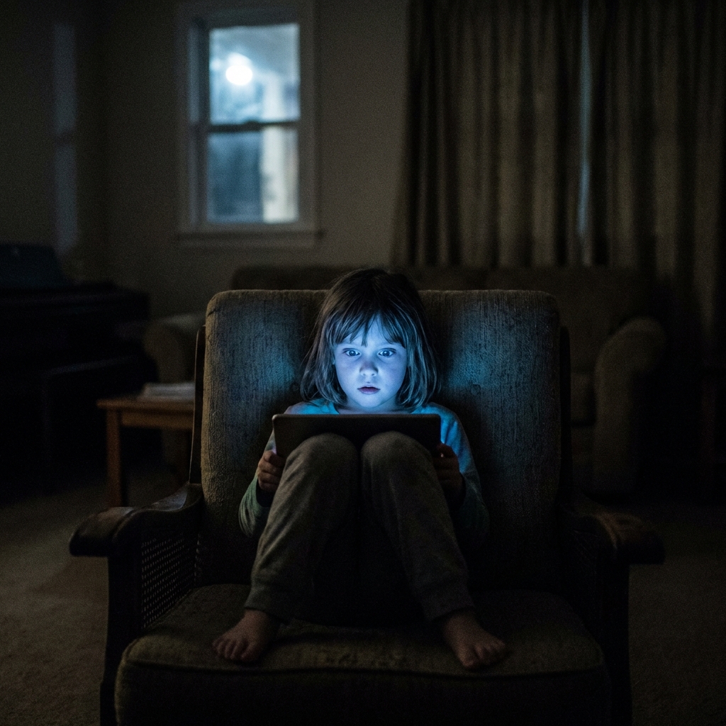 Niña hipnotizada por la luz azul de una tablet en una habitación oscura
